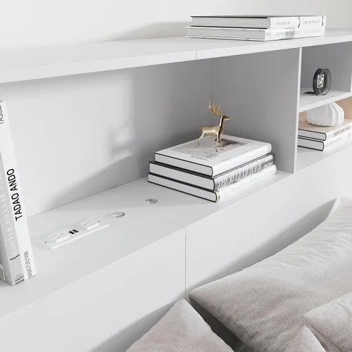 Miniatura 6 de Cabecero tamaño King para dormitorio, elegante cabecero de estantería con estación de carga integrada y 2 luces LED, tablero de madera de ingeniería
