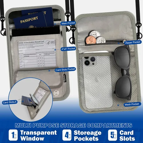 Miniatura 2 de Cartera de viaje, billetera de pasaporte con bloqueo RFID para mujer, impermeable, con cuello delgado, carteras de mujer, antirrobo, bolso