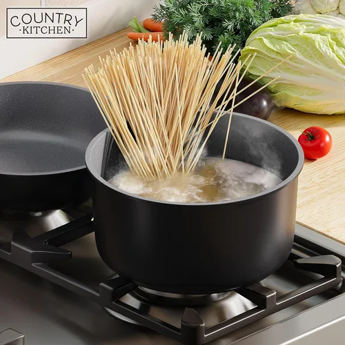 Miniatura 8 de Country Kitchen Juego de utensilios de cocina con mango extraíble, juego de ollas y sartenes aptas para horno y RV, mango de madera negro/gris