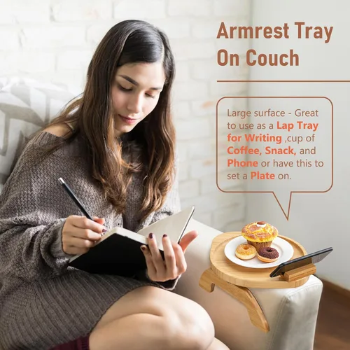 Miniatura 3 de SINWANT Mesa de brazo para sofá, bandeja redonda de bambú con clip para sofá con soporte para teléfono de 360°, mesa plegable para reposabrazos