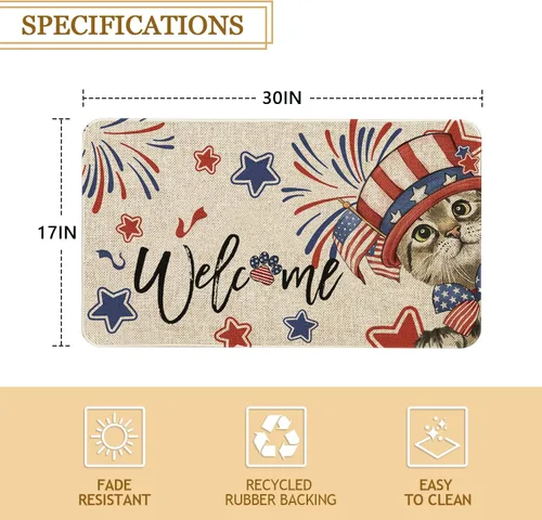 Miniatura 3 de Roszwtit Alfombra de 4 de julio para puerta 30 x 17 pulgadas, alfombra de gato para el día de la independencia, alfombra de entrada