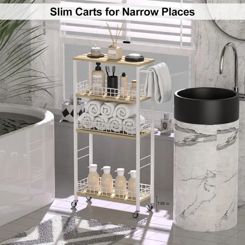 Miniatura 5 de Carrito de almacenamiento delgado de 4 niveles, carrito de cocina rodante, carrito de servicio utilitario, carrito estrecho para lavandería con asa