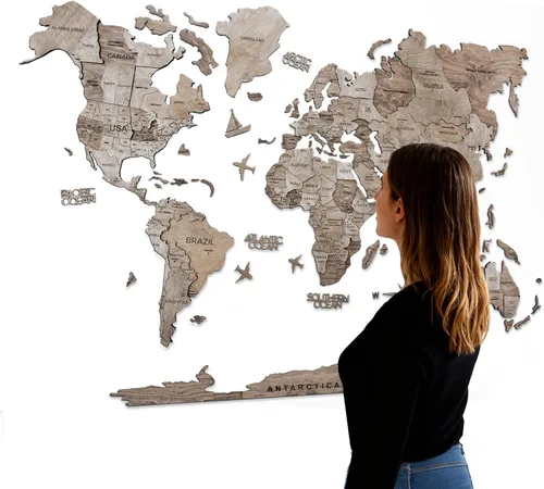Arte de pared de madera 3D hecho a mano con mapa del mundo en relieve, decoración de pared grande, rastrea tus viajes por el mundo - Especial para
