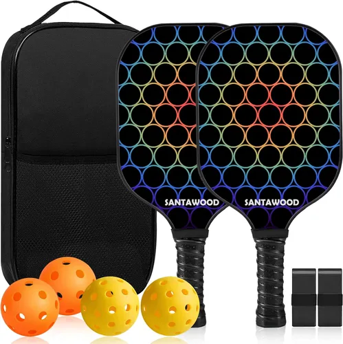 Juego de 2 palas de pickleball de fibra de vidrio, 2 raquetas de pickleball, 4 bolas, 2 agarres y 1 bolsa de transporte portátil, paquete de 2 Negro
