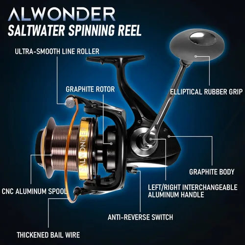 Miniatura 6 de Alwonder Carrete giratorio de agua salada 10000/11000 carrete de pesca de surf grafito 11+1 acero inoxidable BBS 31LB Max Drag Heavy Duty Surf
