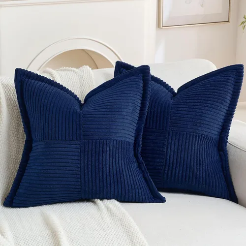 HAUSSY Paquete de 2 fundas de almohada decorativas de pana de 22 x 22 pulgadas, color azul claro, fundas de cojín bohemias y naturales a rayas Azul