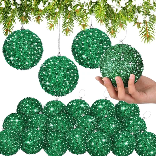 Miniatura 10 de Lyrow 24 piezas 3.15" Juego de adornos de bola de Navidad con purpurina, bola de espuma con lentejuelas colgante, decorativa, en masa, para árbol