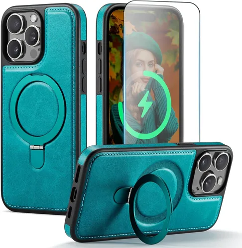Miniatura 15 de Funda para iPhone 13 con soporte compatible con Magsafe, color negro Magnetic Kickstand, with Tempered Glass Screen Protector, Durable PU Leather