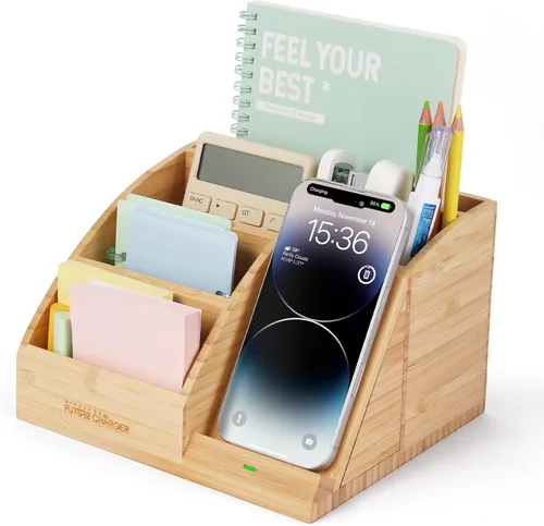 Miniatura 11 de Portaplumas de bambú para escritorio y organizador de mesita de noche con carga inalámbrica rápida para iPhone, Samsung y más – Accesorios