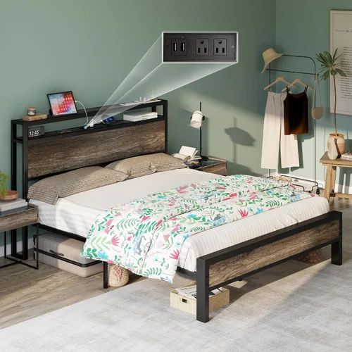 Miniatura 13 de LUXOAK Marco de cama tamaño Queen, marco de cama de plataforma con cabecera de almacenamiento de 2 niveles y estación de carga, no necesita somier