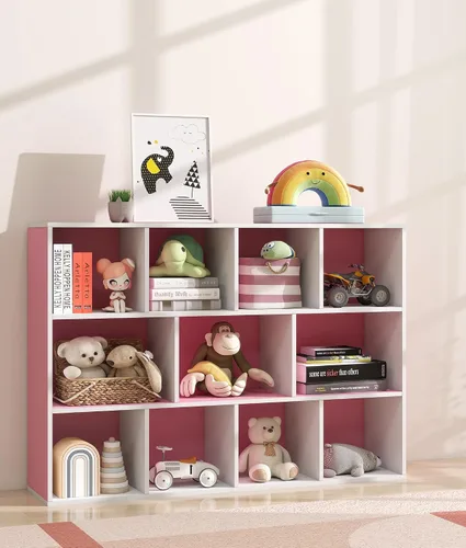 Miniatura 9 de Organizador de almacenamiento de juguetes para niños de 11 cubos con estante para niños, estantería de bebé para guardería, estantería de madera