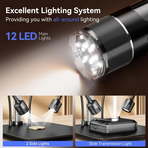 Miniatura 9 de TOMLOV TriL107 Microscopio digital de 3 lentes: Lupa de microscopio de monedas HDMI de 7 "2500X 2K para visión completa de monedas con pantalla IPS