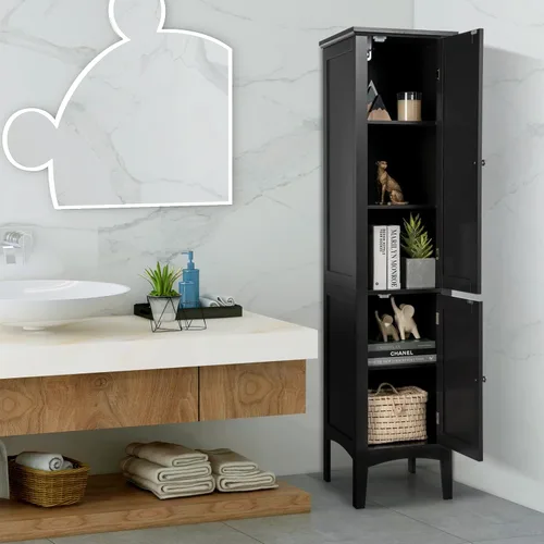 Miniatura 4 de COSTWAY Armario Alto de Almacenamiento para Baño, Gabinete de Torre de Lino Independiente de 5 Niveles con 2 Puertas, Organizador de Almacenamiento
