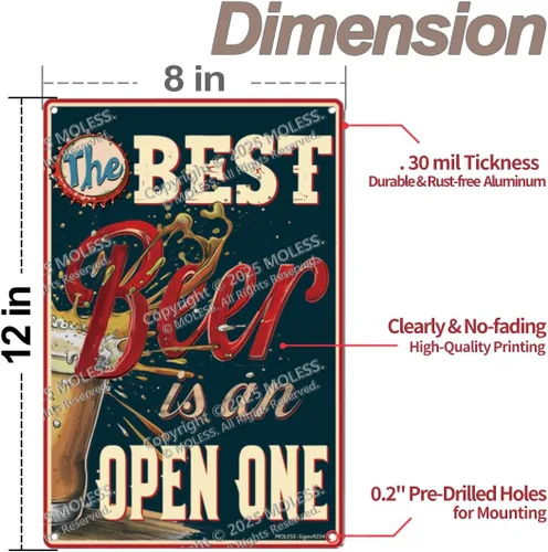 Miniatura 3 de Letrero divertido de bar o cueva de hombre con texto en inglés "The Best Beer is an Open One" Letreros de cerveza de metal vintage duraderos de 12