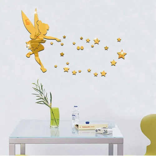 Miniatura 3 de MEYA 26 unids/set Tinkerbell Fairy espejo de pared acrílico espejo decorativo Tinker Bell pegatinas de pared decoración del hogar (dorado)