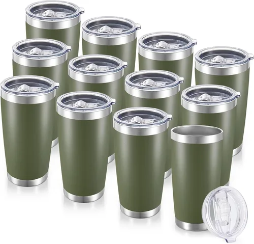 Miniatura 10 de Vaso de acero inoxidable de 20 onzas con tapa, doble pared aislada al vacío, taza de café de 20 onzas con recubrimiento en polvo para bebidas Verde