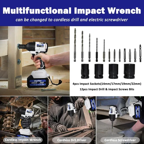 Miniatura 2 de Llave dinamométrica de impacto sin escobillas inalámbrica, 21 V, llave de impacto inalámbrica de 1/2 pulgada, pistola de impacto sin escobillas