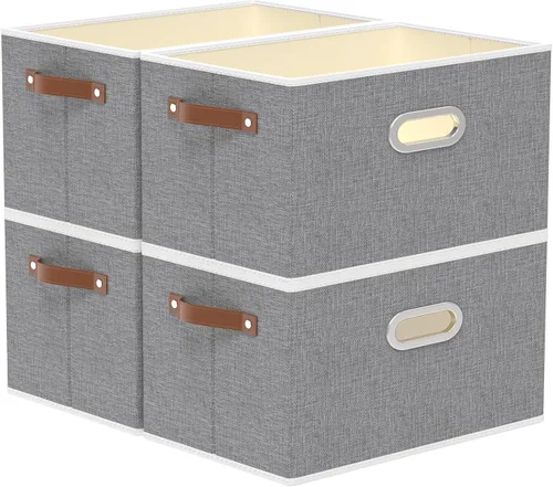 Miniatura 17 de Yawinhe Cestas de almacenamiento de tela, organizador plegable de armario para estantes, cajas grandes con 3 asas, contenedores de lona para ropa