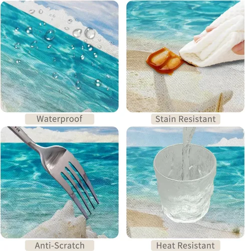Miniatura 4 de Mantel oblongo, diseño de playa de 52 x 70 pulgadas, diseño de playa con estrellas de mar y olas de mar, con decoración impermeable y resistente a