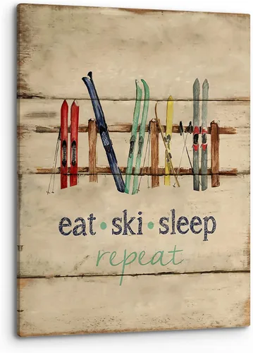 PHAMTE Eat Sleep Ski Repeat - Arte de pared, estilo rústico de invierno, vacaciones, deportes, trineos de esquí, impresión vintage, lienzo Multicolor