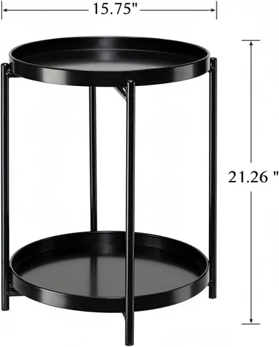 Miniatura 3 de danpinera Mesa auxiliar redonda de 2 niveles, mesa auxiliar de metal con bandeja extraíble, pequeña mesa decorativa para exteriores, mesita de noche