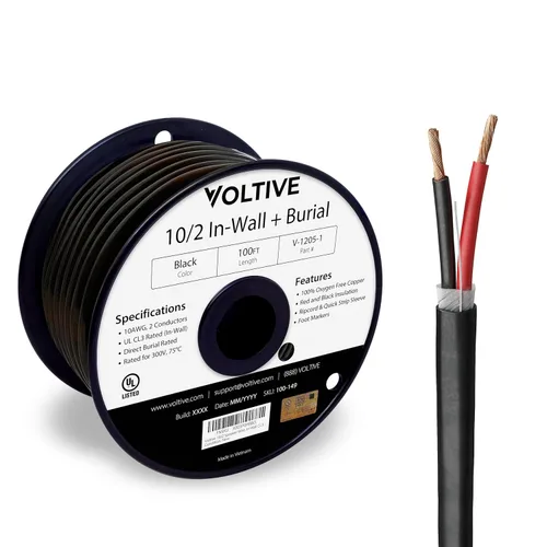 Voltive Cable de altavoz 10/2, CL3 en pared y entierro directo, negro, 100 pies - 10 AWG, 2 conductores, cobre trenzado sin oxígeno, listado UL -