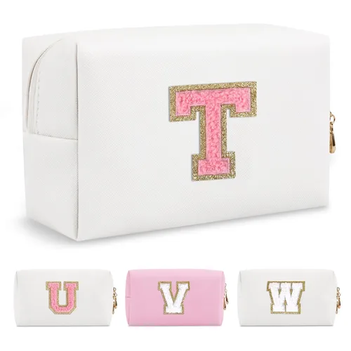 Miniatura 148 de Pequeña bolsa de maquillaje personalizada con inicial A-Z Preppy Patch, bolsa de cosméticos de viaje de felpilla blanca con cremallera, bonita bolsa
