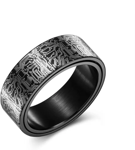Miniatura 10 de Anillo de patrón de placa de circuito de computadora de 0.315 in negro/plata/azul/oro - Spinner Fidget Alivio de la ansiedad Anillo de acero