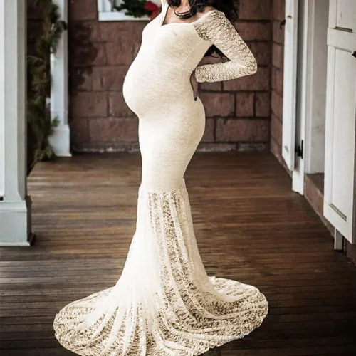 Miniatura 4 de Vestido de maternidad de encaje de manga larga con cuello en V y hombros descubiertos para mujer, vestido de fotografía para baby shower, sesión