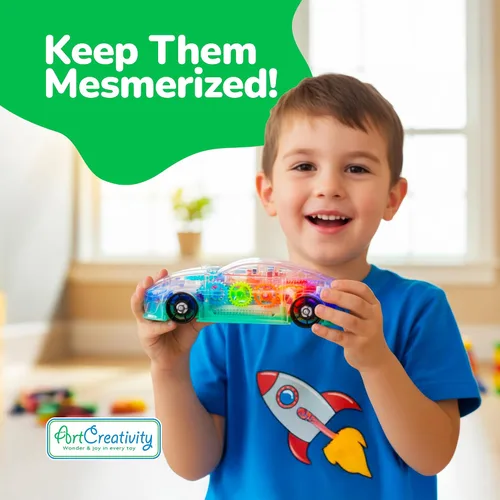 Miniatura 7 de ArtCreativity Juguete sensorial transparente con luz para niños, 1 unidad, auto de juguete con engranajes móviles coloridos, música y efectos LED
