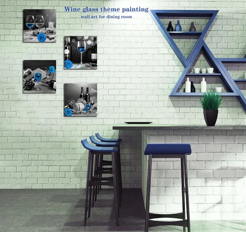 Miniatura 6 de Arte de pared de vino azul - Decoración de pared de cocina - Arte de pared moderno para sala de estar, obra de arte de rosa azul, 4 lienzos