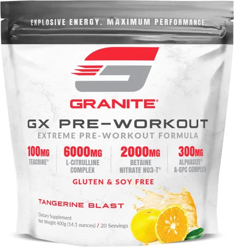 Granite GX - Suplemento preentrenamiento, sabor mandarina explosiva, apoya la concentración, la energía y el rendimiento con teacrina, L-citrulina,