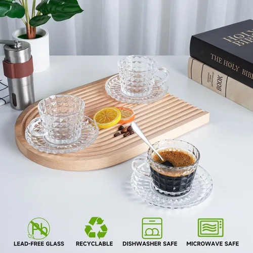 Miniatura 3 de Juego de 6 tazas de cristal para café espresso con platillos y cucharas de acero inoxidable, aptas para lavavajillas, para té, chocolate caliente
