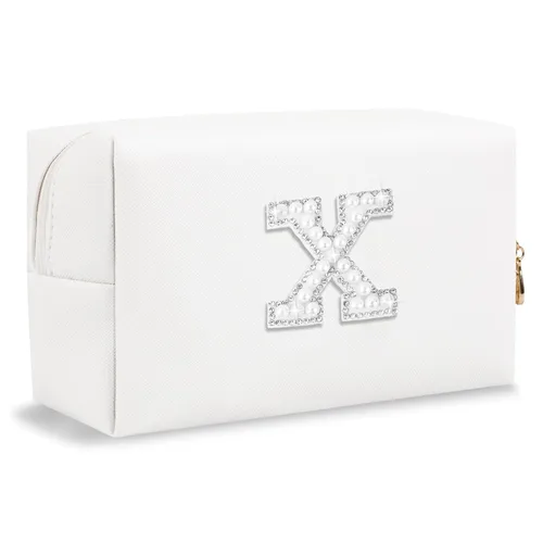 Miniatura 13 de Pequeña bolsa de maquillaje personalizada con inicial A-Z Preppy Patch, bolsa de cosméticos de viaje de felpilla blanca con cremallera, bonita bolsa