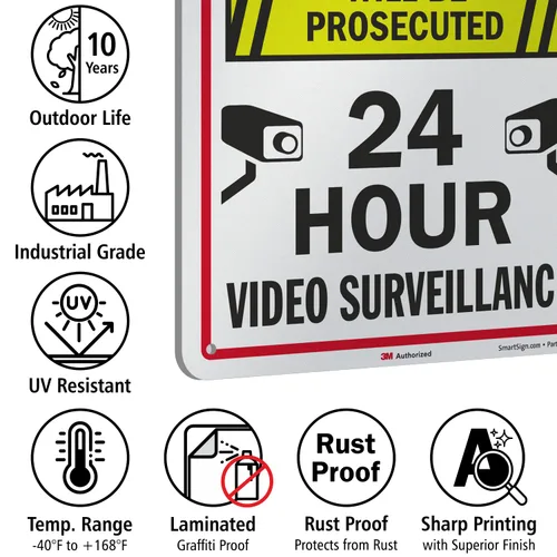 Miniatura 7 de SmartSign Letrero metálico de 18 x 12 pulgadas con texto en inglés "Private Property - Trespassers Will Be Prosecuted", video vigilancia las 24