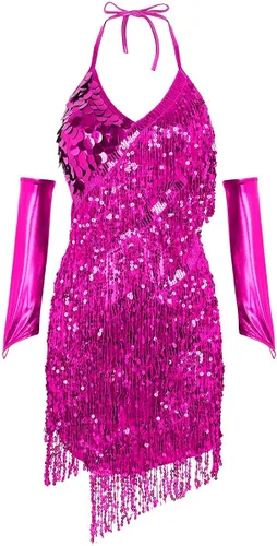 Miniatura 5 de YiZYiF Vestido de baile con cuello halter latino, salsa de tango, bailes y lentejuelas
