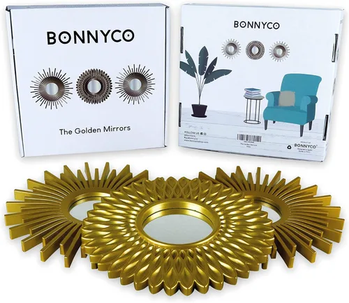 Miniatura 2 de BONNYCO Espejos dorados para pared, paquete de 3, espejos redondos de pared para dormitorio y decoración del hogar. Espejos decorativos de sala