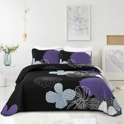 Miniatura 23 de Juego de edredón de 3 piezas con patrón floral azul marino, tamaño Queen, juego de ropa de cama reversible de microfibra con patrón de flores