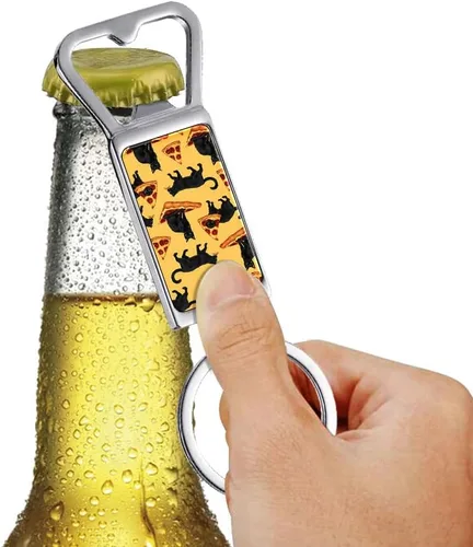 Miniatura 3 de WIRESTER Llavero de metal para abrebotellas, abrebotellas de cerveza, llavero para cocina, bar, restaurante, fácil de llevar, gato negro y pizza