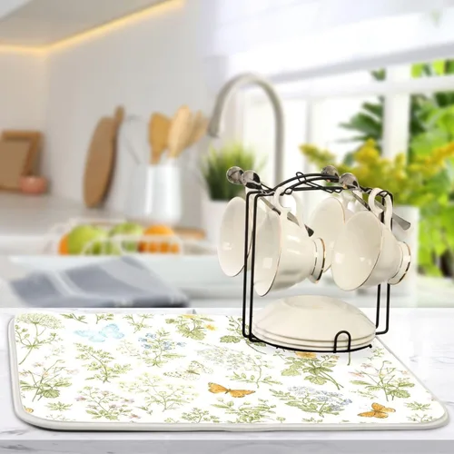 Miniatura 5 de Tapete de secado de platos con flores botánicas y mariposas para encimera de cocina, absorbente, almohadilla de secado de microfibra, grande 18x24