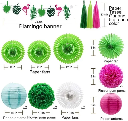 Miniatura 2 de Juego de 29 piezas de decoración de fiesta de hojas de palmera de flamenco tropical, abanicos de papel, pompones y linternas para Luau hawaiano