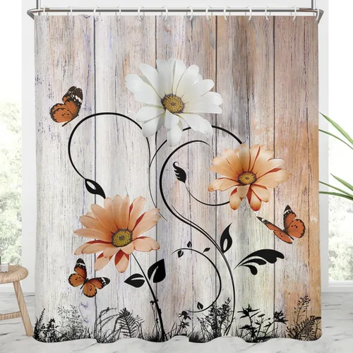 Miniatura 19 de AAtter Cortina de ducha floral azul rústica boho gris blanco amarillo margarita naturaleza negro botánico telón azul verdoso turquesa tela única
