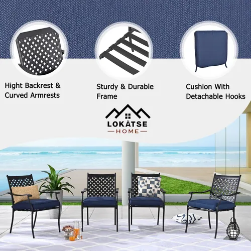 Miniatura 3 de LOKATSE HOME Juego de 4 sillas apilables para exteriores, sillas de comedor de hierro forjado con cojines y reposabrazos, juego de muebles de metal