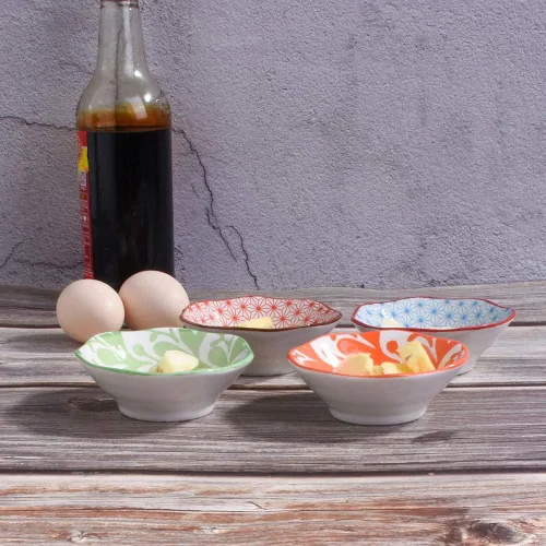 Miniatura 5 de Juego de 4 cuencos de cerámica para salsas, 4.1 in, cuencos de preparación con patrones de estilo nórdico para condimentos, salsa de soja
