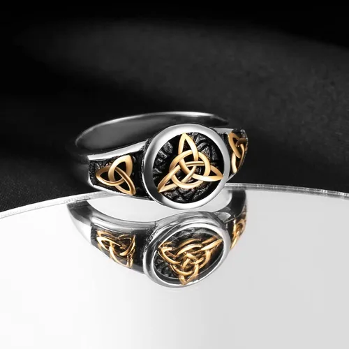 Miniatura 10 de HZMAN Triquetra Trinity Knot Anillo de acero inoxidable con nudo celta irlandés