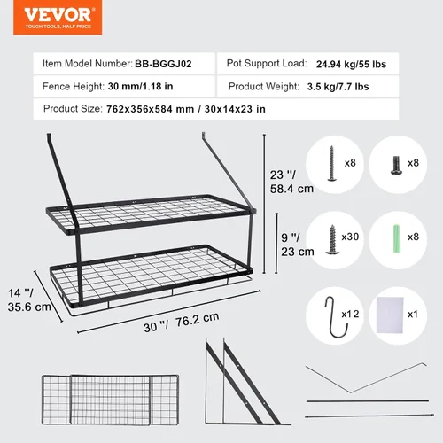 Miniatura 7 de VEVOR Estante para ollas montado en la pared, estante para colgar ollas y sartenes de 30 pulgadas, colgador de ollas y sartenes con 12 ganchos en S
