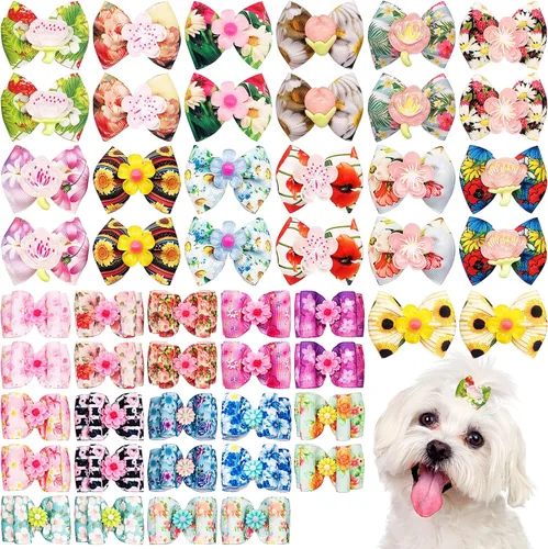 Miniatura 8 de 50 unidades (25 pares) lazos para el pelo de perros pequeños, patrón aleatorio con diamantes de imitación, lazo para el pelo para cachorros, gatos