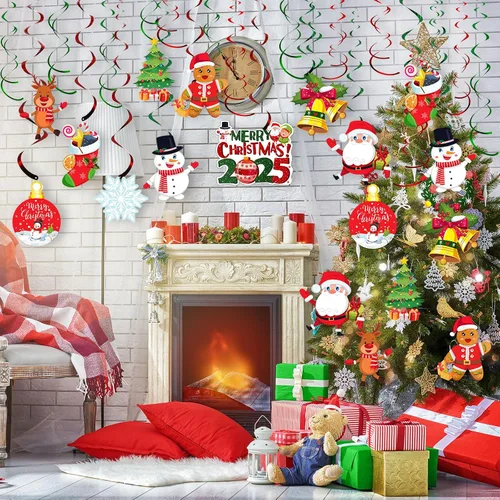 Miniatura 6 de Juego de 30 piezas de decoraciones navideñas colgantes de remolinos de papel de aluminio, letrero de muñeco de nieve y alce, remolinos colgantes