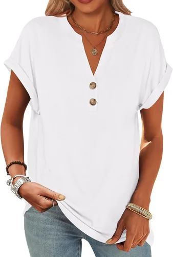 Miniatura 42 de ANRABESS - Camisetas Henley de manga corta para mujer, cuello en V, elegantes, estilo informal, de corte suelto; blusas fluidas de verano, ropa