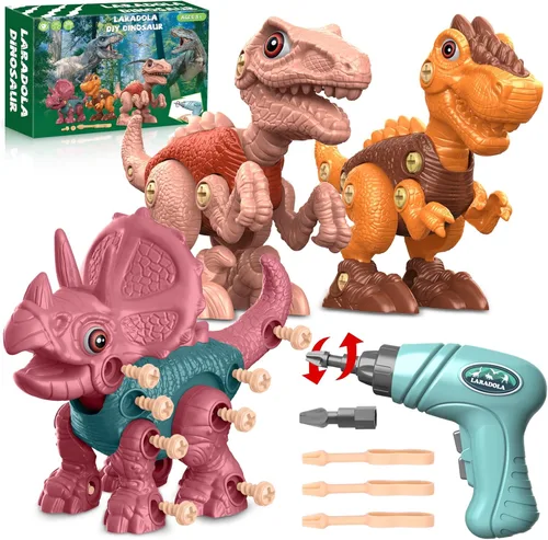 Laradola Juguetes de dinosaurio para niños de 3, 4, 5, 6, 7, 8 años, niños y niñas, juguetes de construcción STEM desarmables con taladro eléctrico,